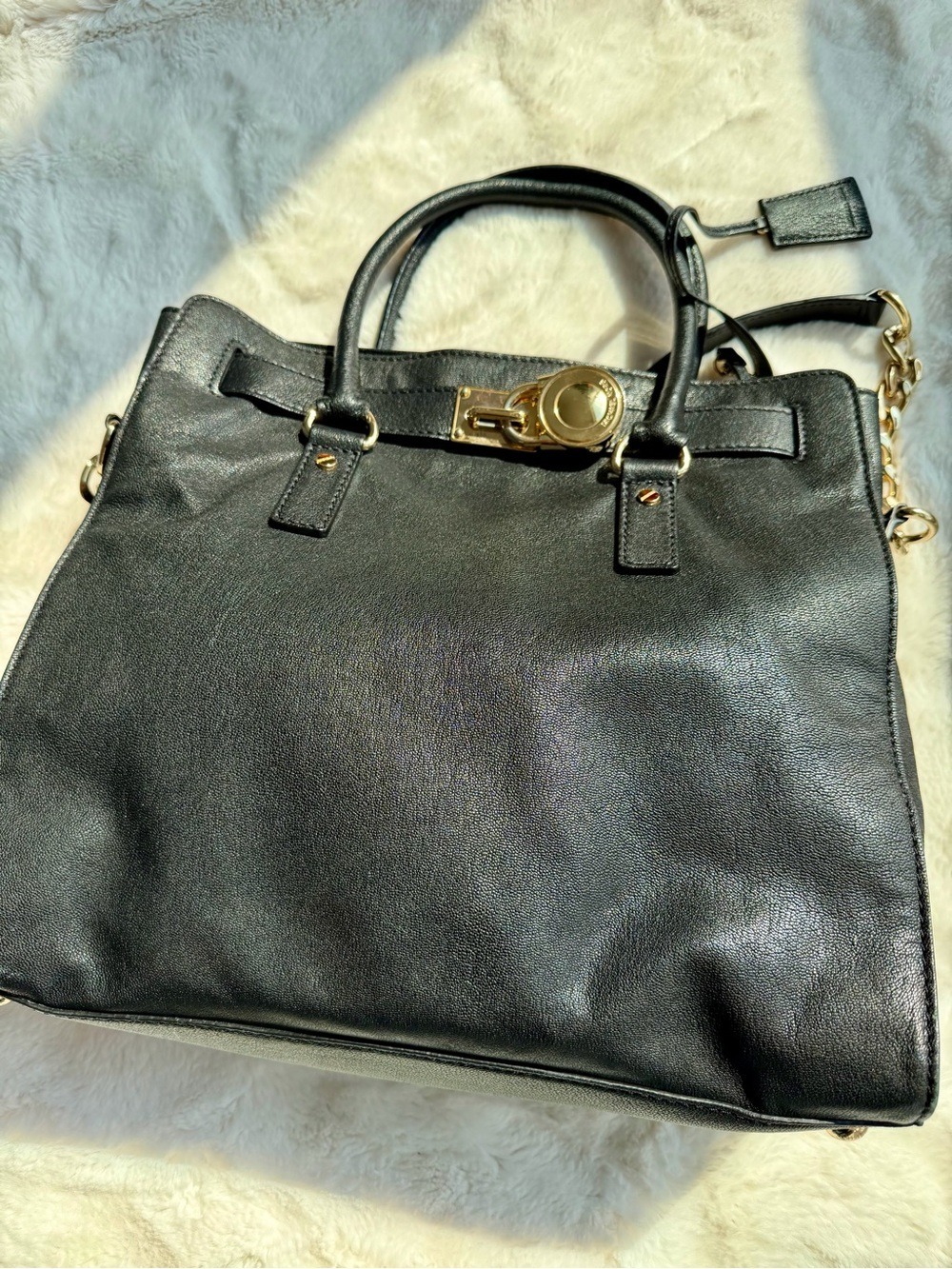 Michael Kors Hamilton Black Leather Tote with Gold MK Lock - Picture 5 of 14